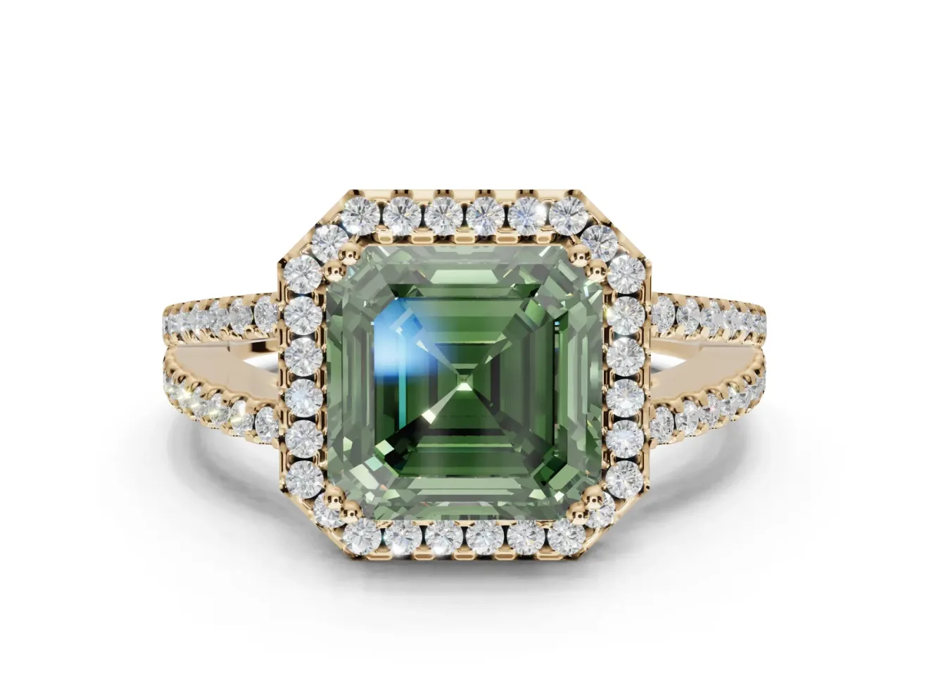 Asscher Cut Halo Split Shank Engagement Ring Setting for a Fancy Green Lab-Grown Diamond | Pavé Shoulders | Yellow Gold