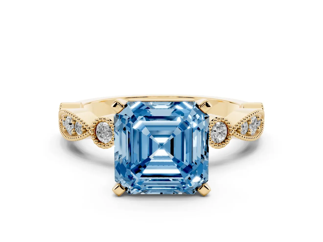 Fancy Blue Asscher Cut Diamond Solitaire Engagement Ring Set in Yellow gold with Milgrain Bezel Accent Band