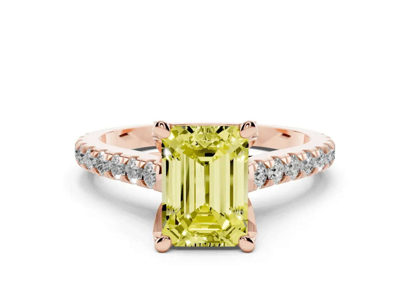 Emerald Cut Hidden Halo Pave Engagement Ring Setting for a Fancy Yellow Lab-Grown Diamond | Claw Prongs | Rose Gold