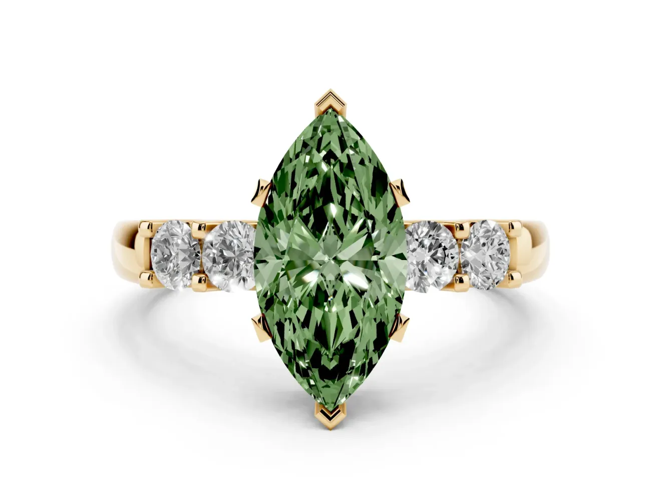 Fancy Green Marquise Cut Diamond Five-Stone Prong Set Engagement Ring Set in Yellow gold with Channel Band