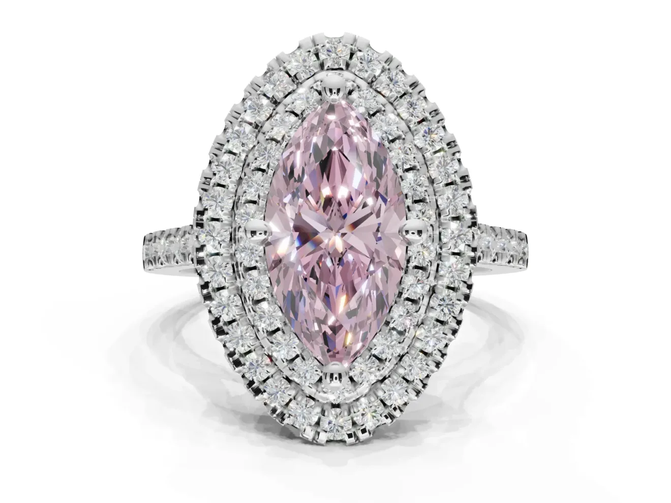 Fancy Pink Marquise Lab-Grown Diamond Double Halo Statement Ring Set in White Gold with Pavé Band
