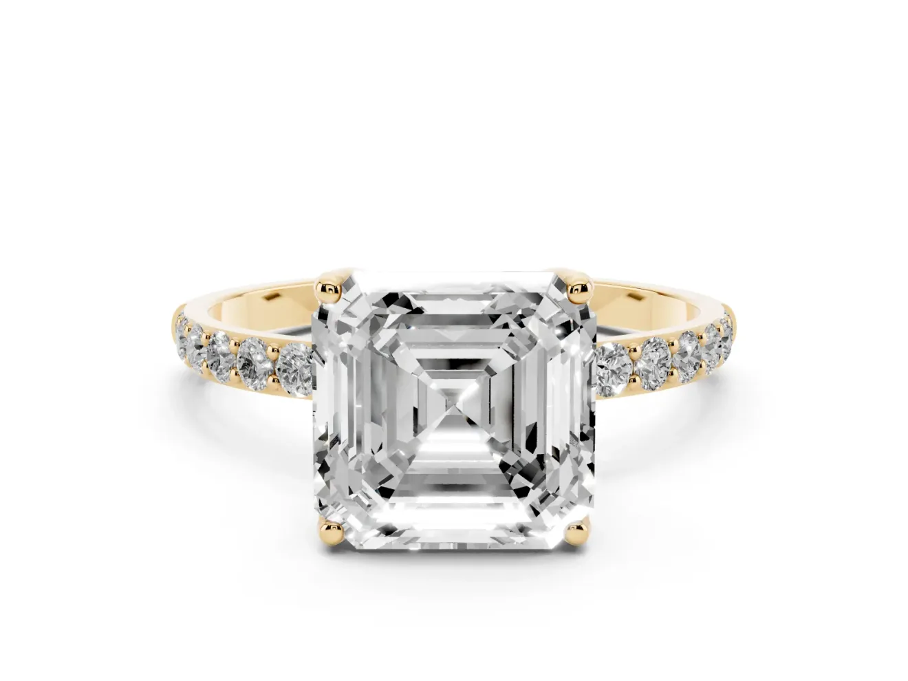 Asscher Cut Pave Solitaire Engagement Ring Setting | Fine Line Pave Band | Yellow Gold