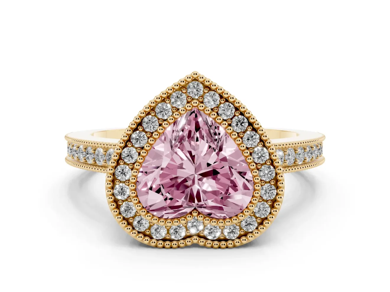 Fancy Pink Heart Cut Diamond Round Halo Ring Set in Yellow gold with Pavé Band