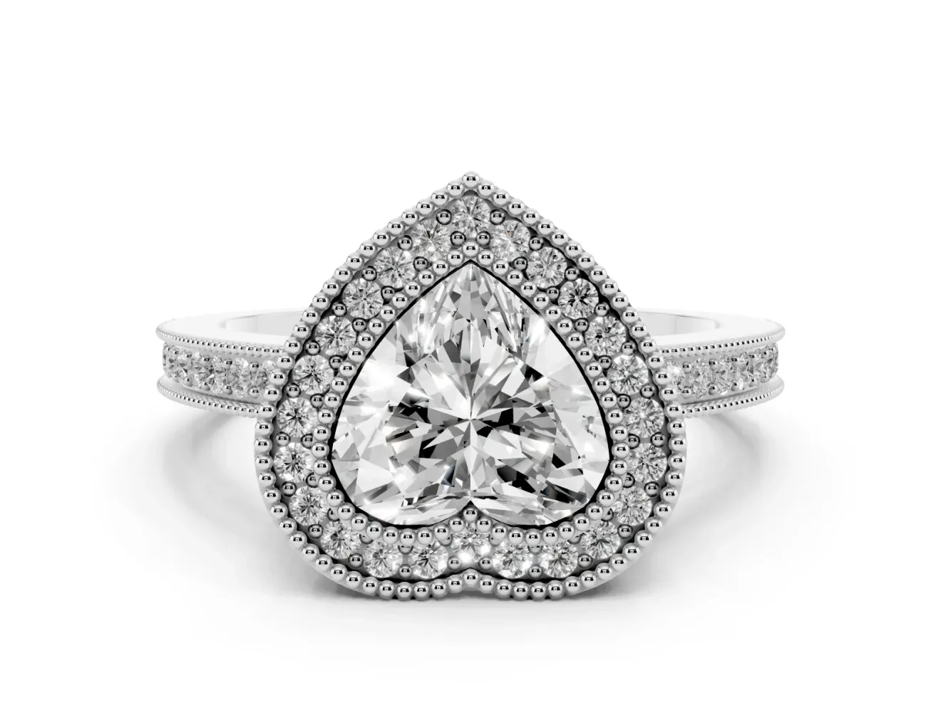 Heart-Shaped Vintage Milgrain Halo Engagement Ring Setting | Filigree Gallery | Platinum