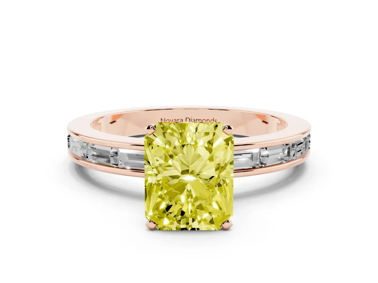 Fancy Yellow Radiant Cut Diamond Solitaire Ring Set in Rose gold with Channel-Set Baguette Band and Prong Setting