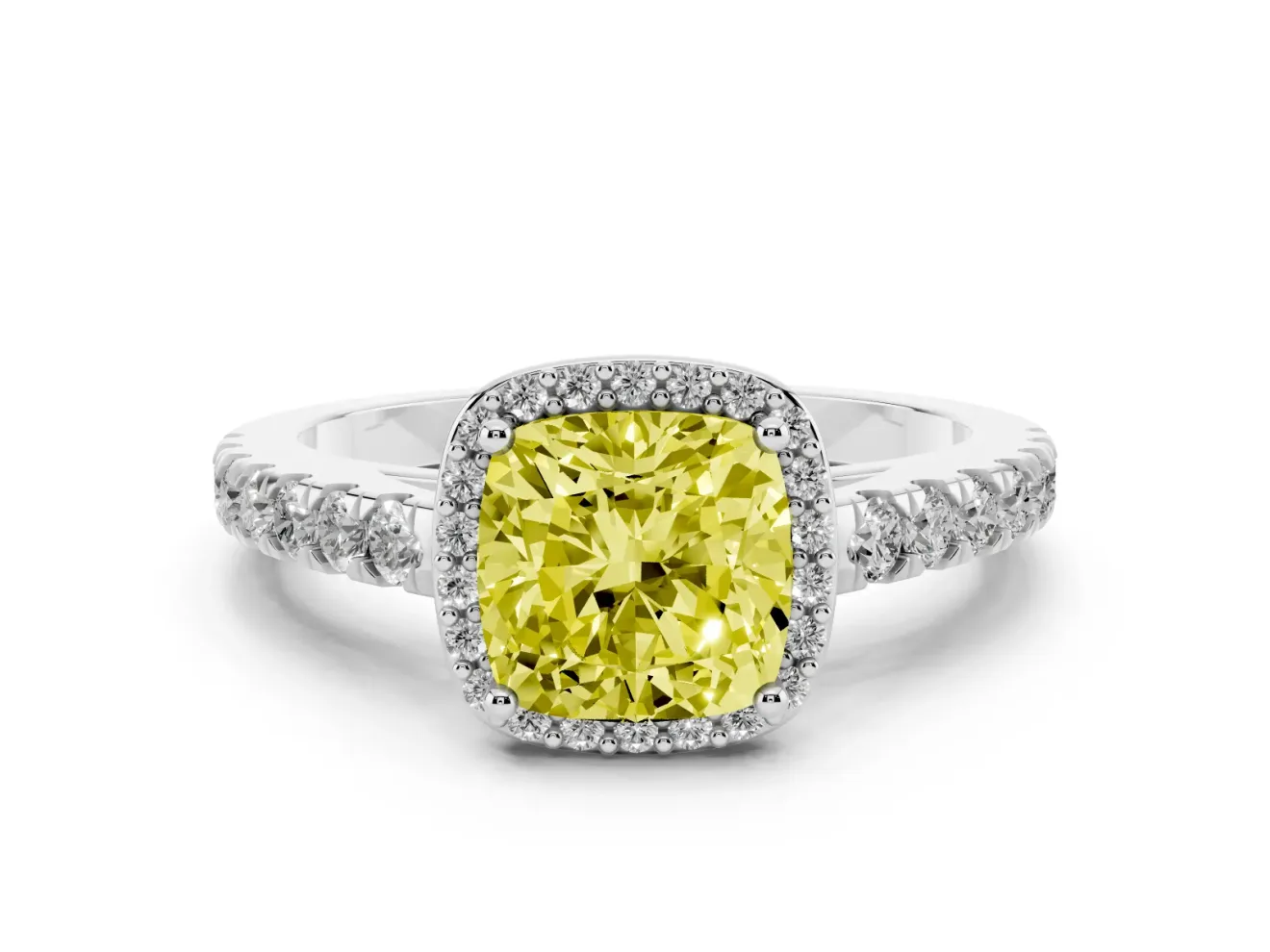 Fancy Yellow Cushion Cut Diamond Halo Engagement Ring Set in White gold with Pavé Band and Prong Setting