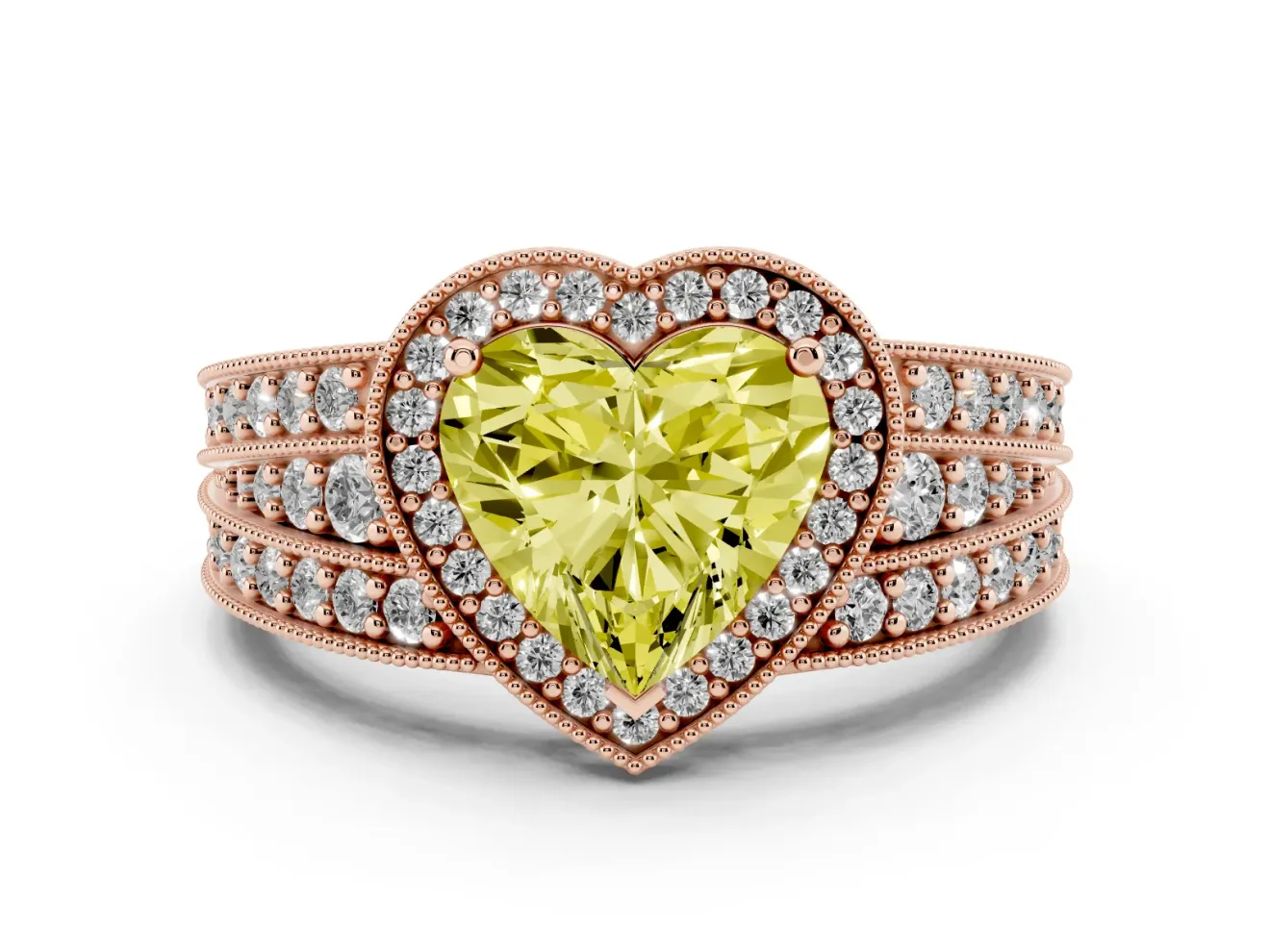 Fancy Yellow Heart Cut Diamond Halo Ring Set in Rose gold with Accent Split Shank and Prong Setting