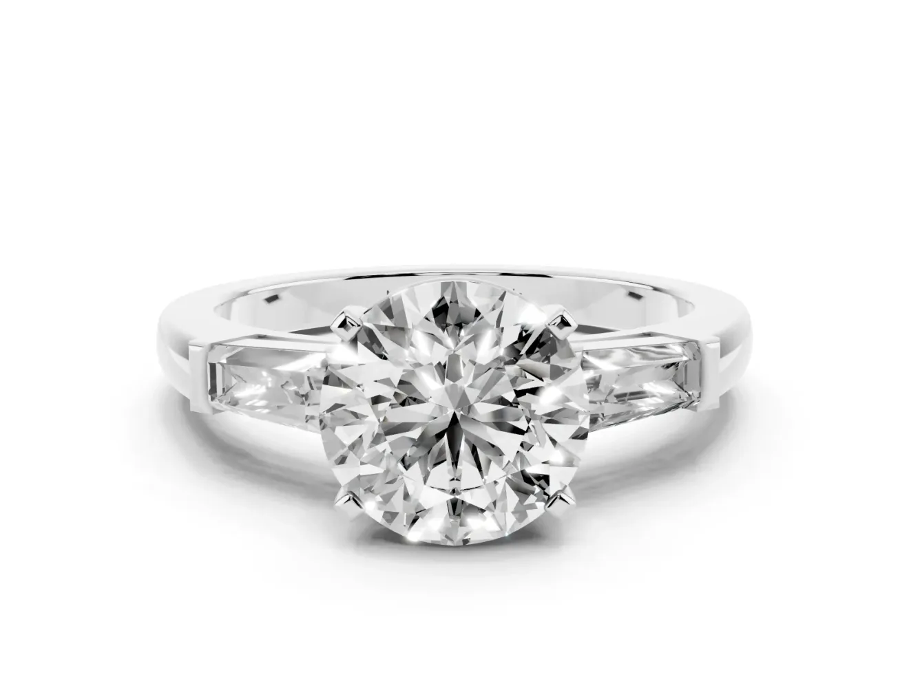 Round Cut Diamond Solitaire Ring Set in Platinum with Tapered Baguette Side Stones and Prong Setting