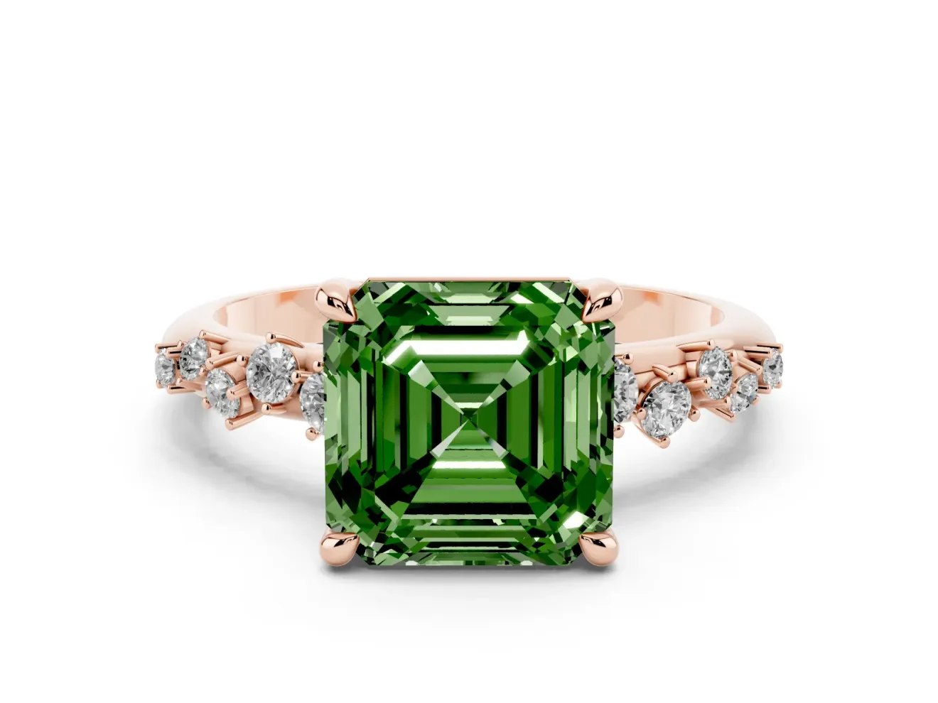 Asscher Cut Graduated Accent Engagement Ring Setting for a Fancy Green Lab-Grown Diamond | Rose Gold