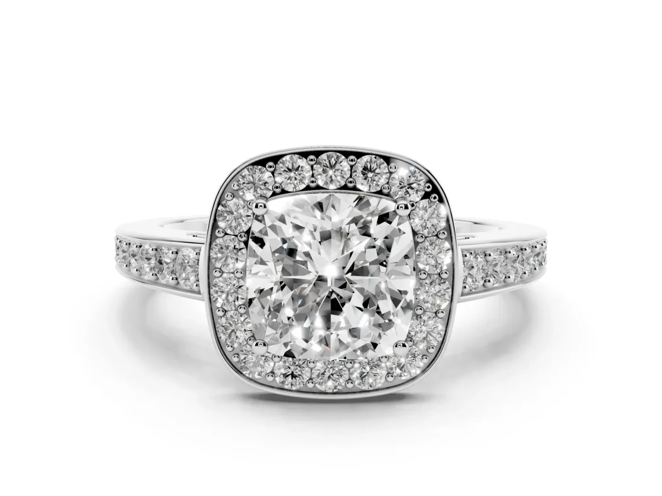 Cushion Cut Framed Halo Engagement Ring Setting | Graduated Pavé Band | Sterling Silver