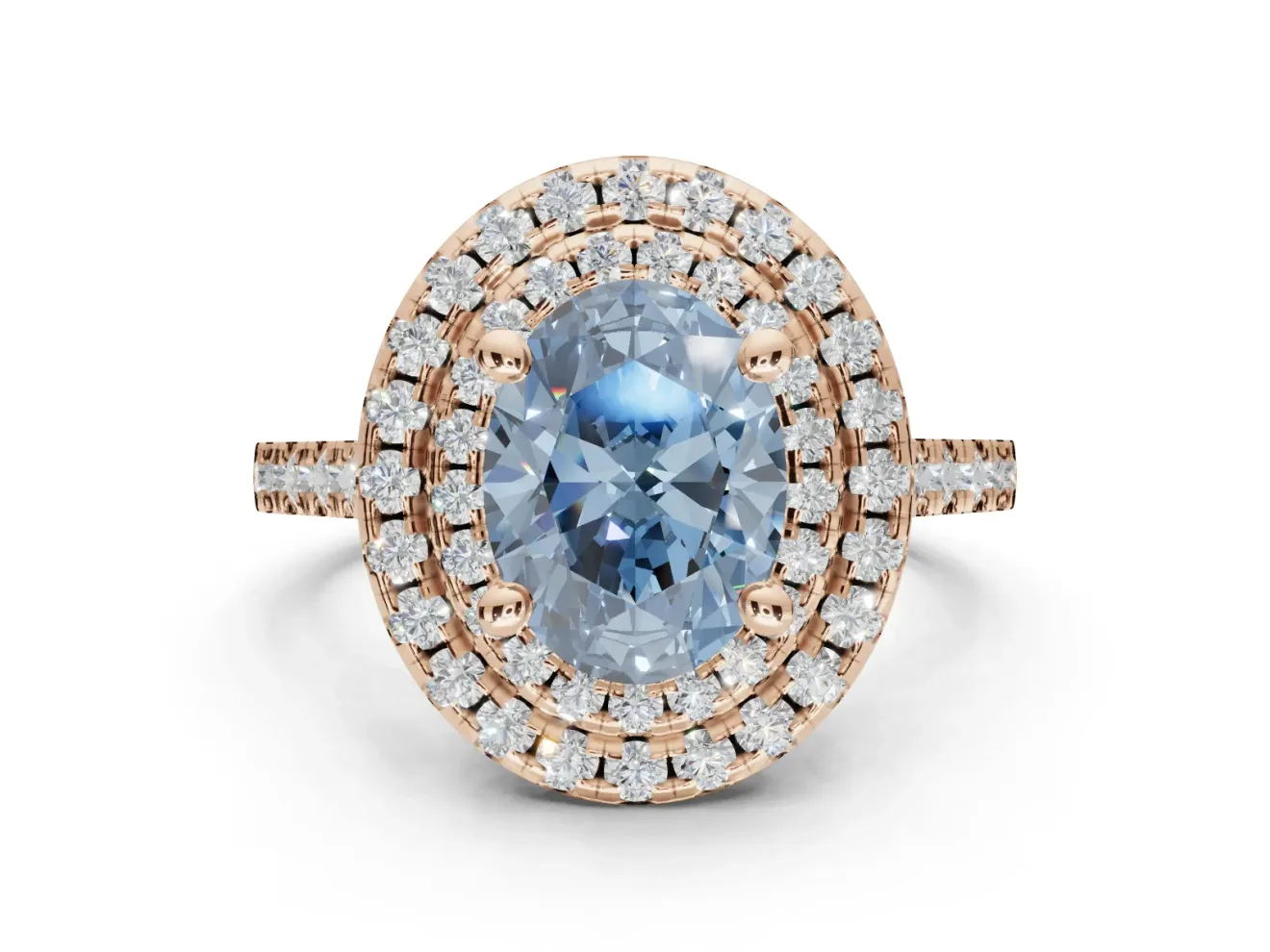 Fancy Blue Oval Lab-Grown Diamond Double Halo Statement Ring Set in Rose Gold with Pavé Band