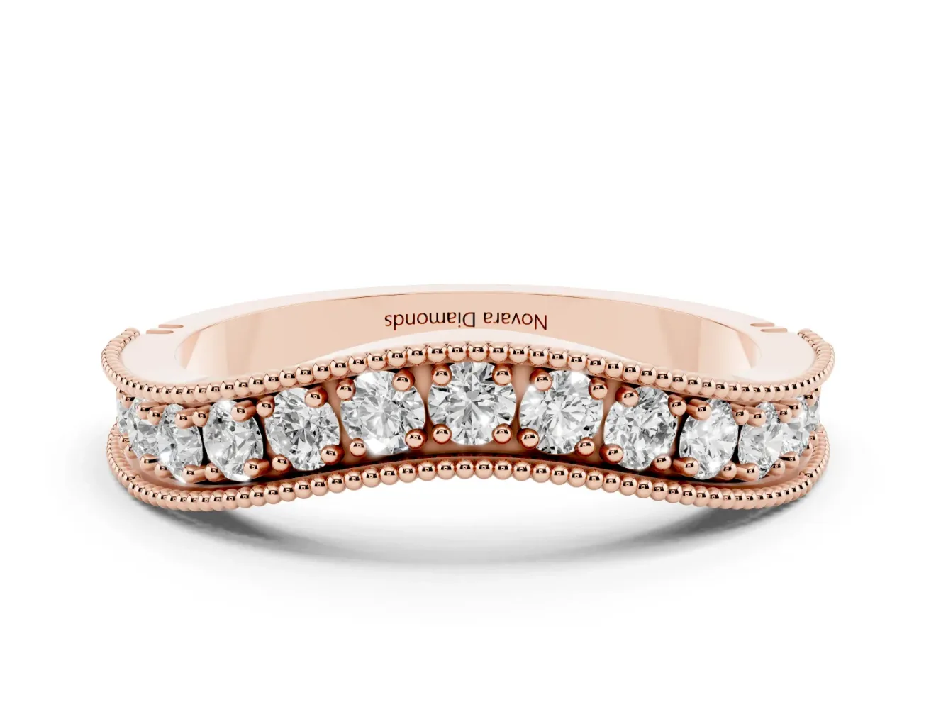 Round Diamond Contour Wedding Band Set in Rose gold with Milgrain Pavé Setting