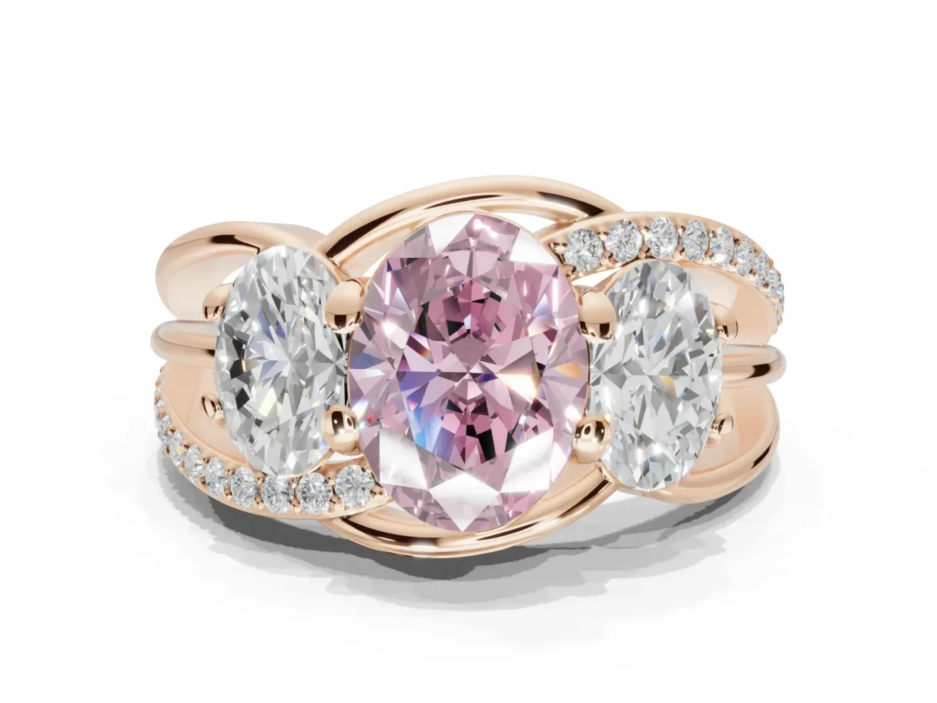 Oval Three Stone Split Shank Engagement Ring Setting for a Fancy Pink Lab-Grown Diamond | Matching Sides | Rose Gold