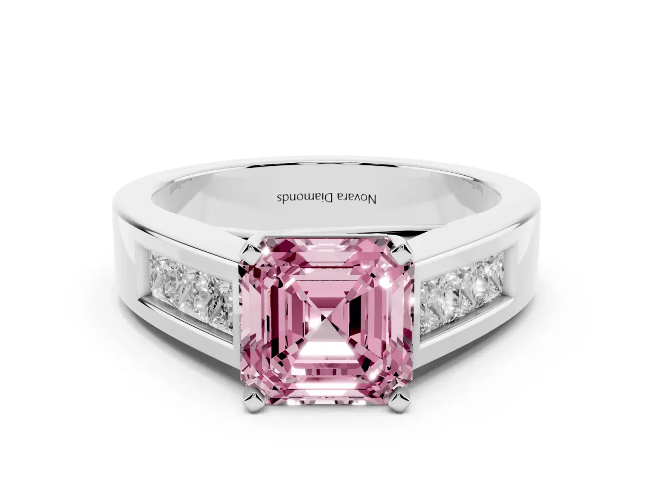 Fancy Pink Asscher Cut Diamond Solitaire Ring Set in White gold with Channel-Set Accent Stones and Prong Setting