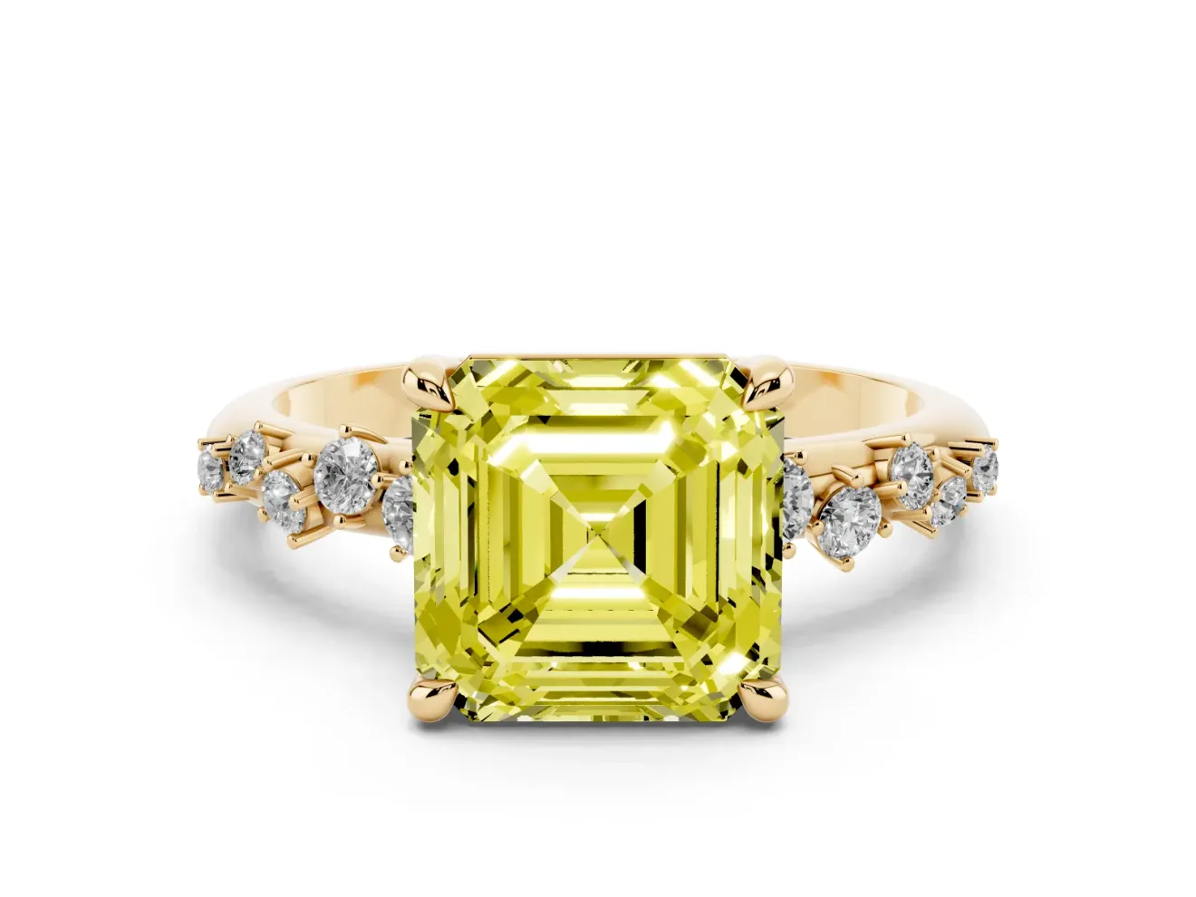 Fancy Yellow Asscher Cut Diamond Solitaire Vine Band Ring Set in Yellow gold with Round Accents and Prong Setting