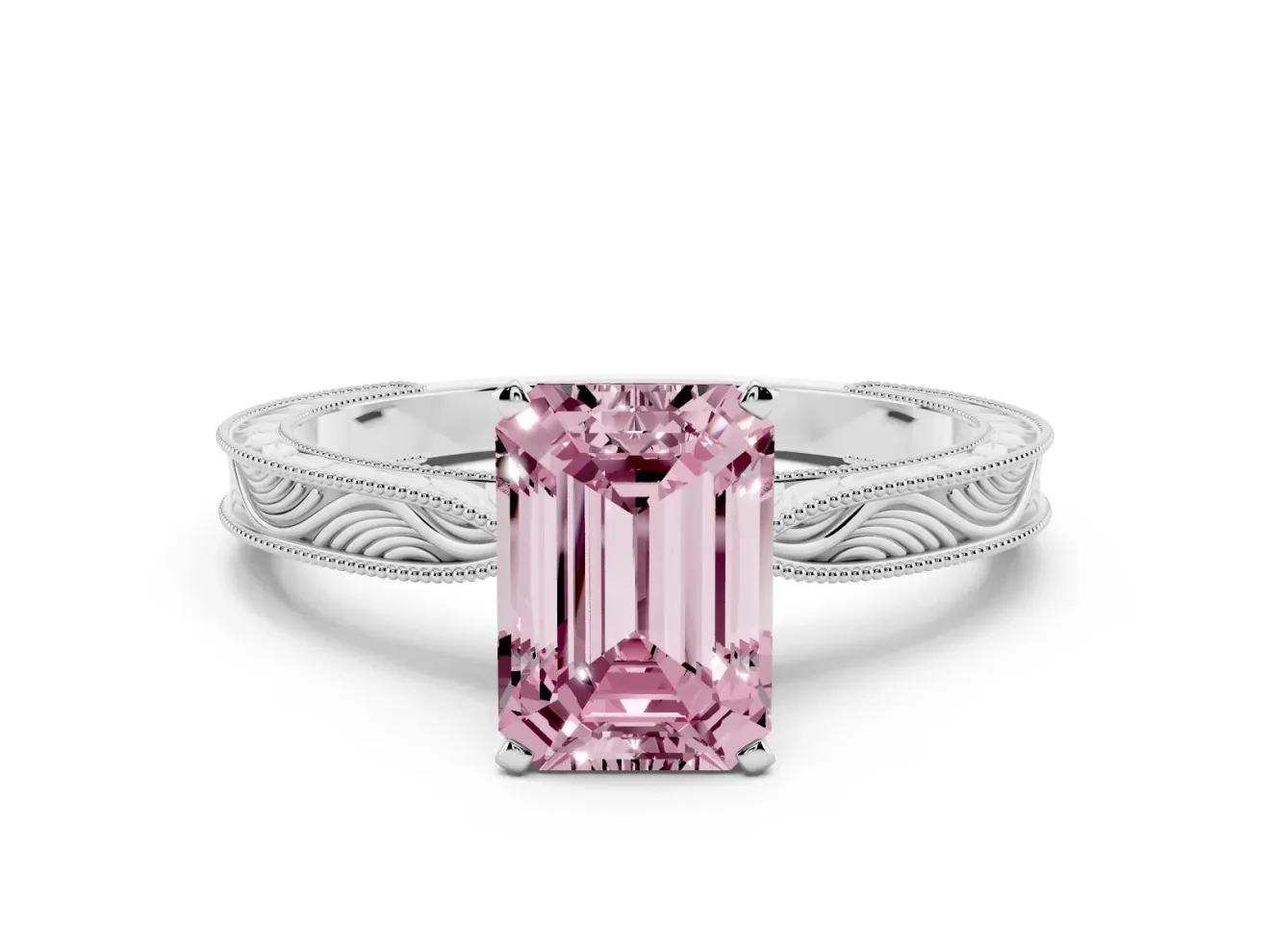 Fancy Pink Emerald Cut Diamond Solitaire Milgrain Engraved Band Set in Silver with Prong Setting