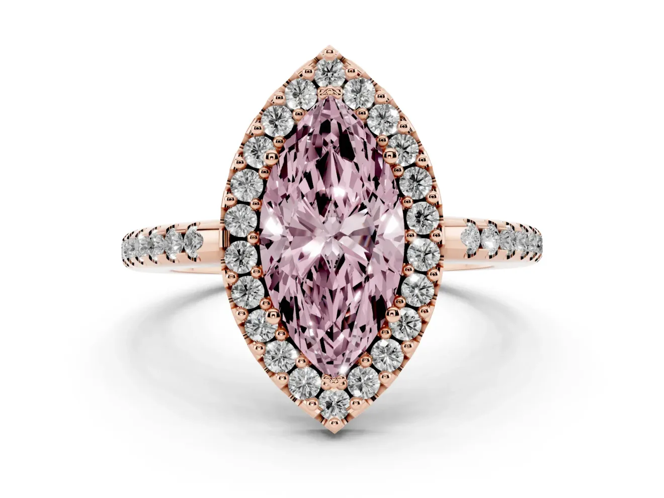 Marquise Pave Halo Engagement Ring Setting for a Fancy Pink Lab-Grown Diamond | Pave Band | Rose Gold