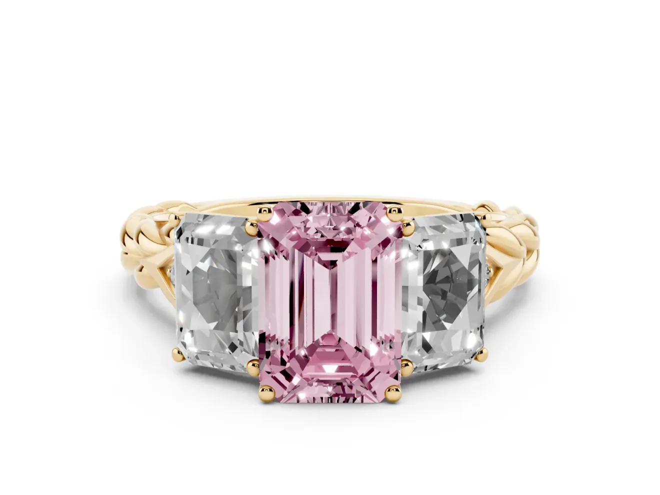 Emerald Cut Three Stone Engagement Ring Setting for a Fancy Pink Lab-Grown Diamond | Braided Band | Yellow Gold