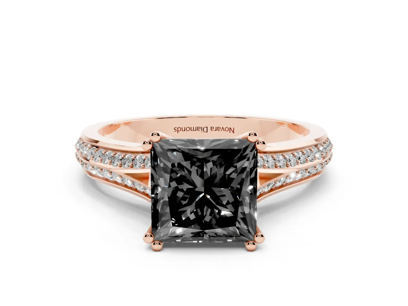 Princess Cut Split Shank Engagement Ring Setting for a Black Center | Pavé Band | Rose Gold