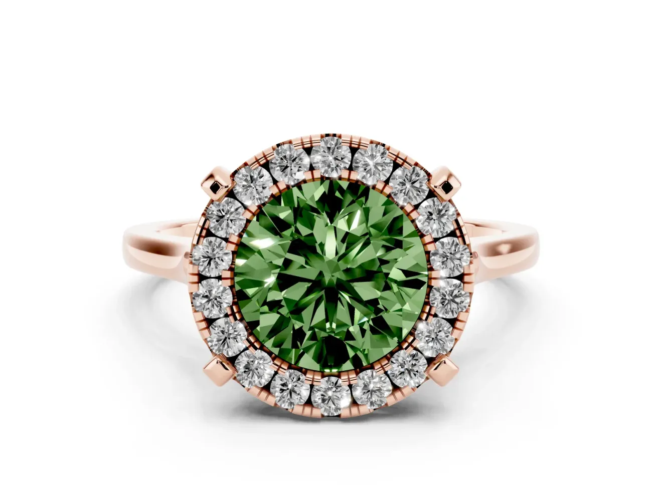 Round Halo Engagement Ring Setting for a Fancy Green Lab-Grown Diamond | Claw Corners | Rose Gold
