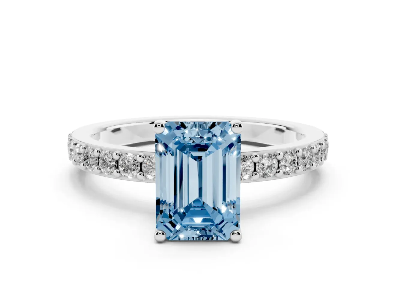 Fancy Blue Emerald Cut Diamond Solitaire Set in Silver with Round Pavé Band and Prong Setting