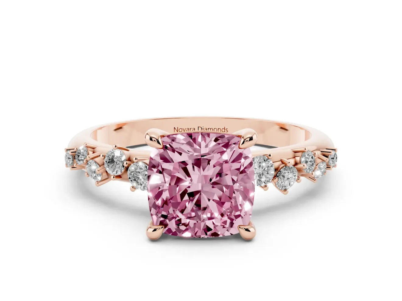 Fancy Pink Cushion Cut Diamond Solitaire Vine Band Ring Set in Rose gold with Round Accents and Prong Setting