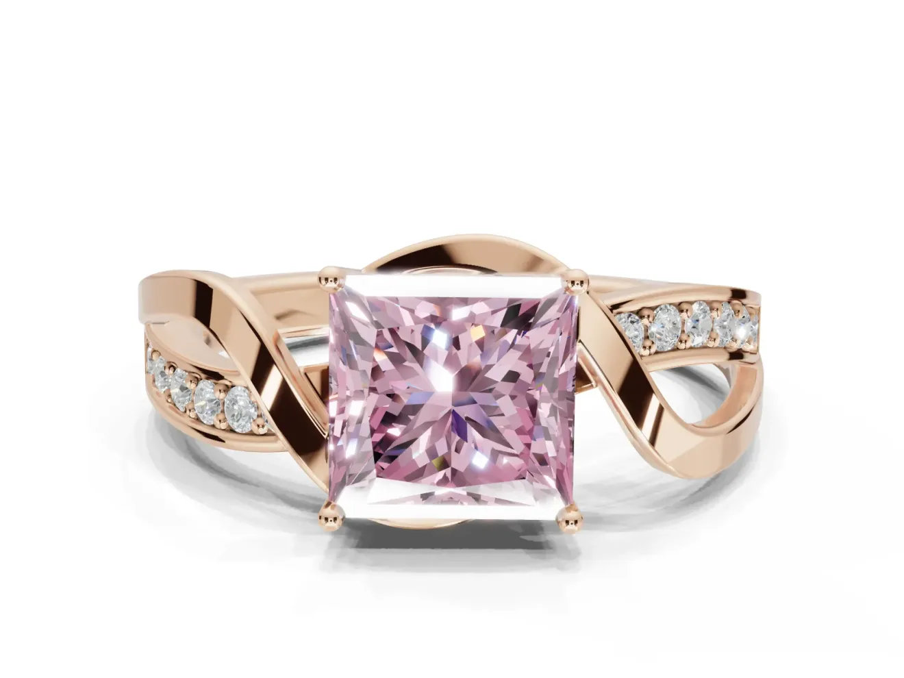 Princess Cut Bypass Solitaire Engagement Ring Setting for a Fancy Pink Lab-Grown Diamond | Pavé Strands | Rose Gold