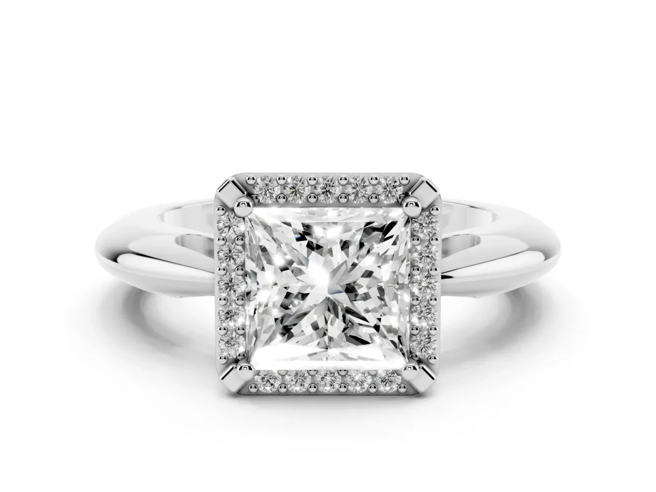Princess Cut Diamond Halo Engagement Ring Set in Silver with Plain Split Shank and Prong Setting