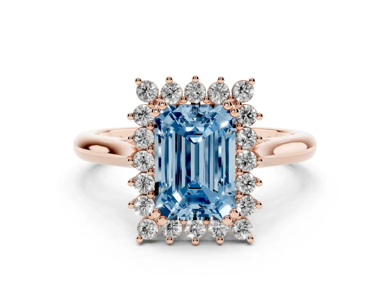 Emerald Cut Starburst Halo Engagement Ring Setting for a Fancy Blue Lab-Grown Diamond | Rose Gold