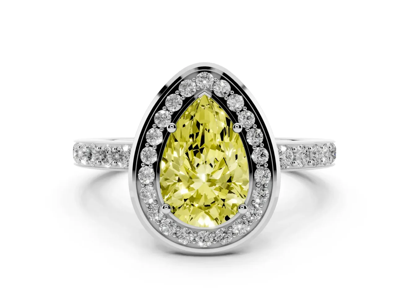 Fancy Yellow Pear Cut Diamond Halo Ring Set in Platinum with Bezel Frame and Pavé Band