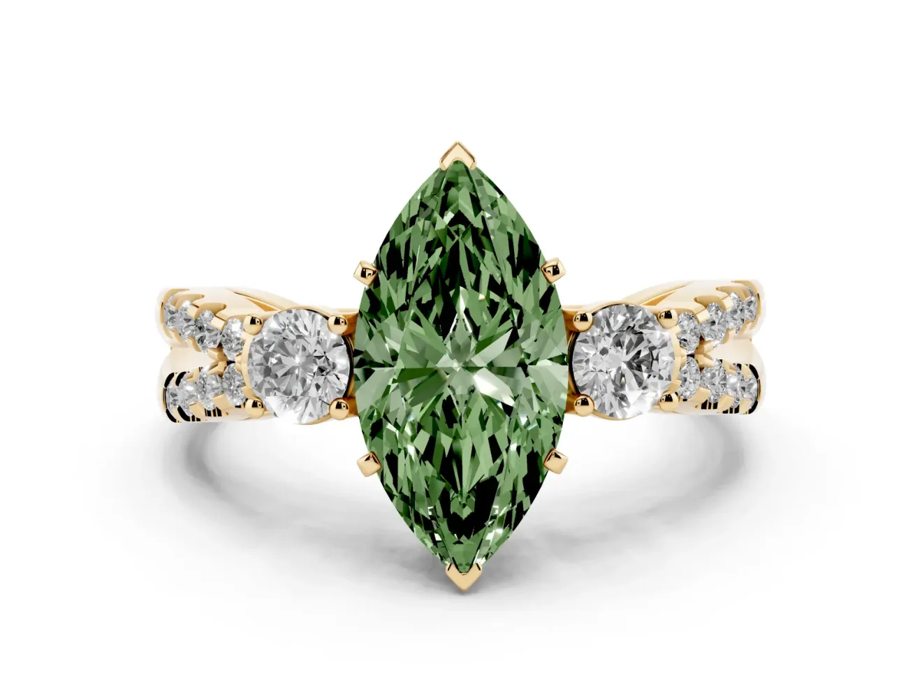 Fancy Green Marquise Cut Diamond Three-Stone Ring Set in Yellow gold with Pavé Split Shank and Prong Setting