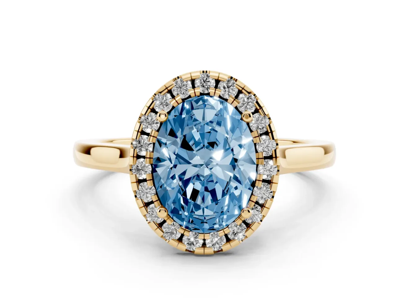Oval Halo Engagement Ring Setting for a Fancy Blue Lab-Grown Diamond | Flat Tapered Band | Yellow Gold