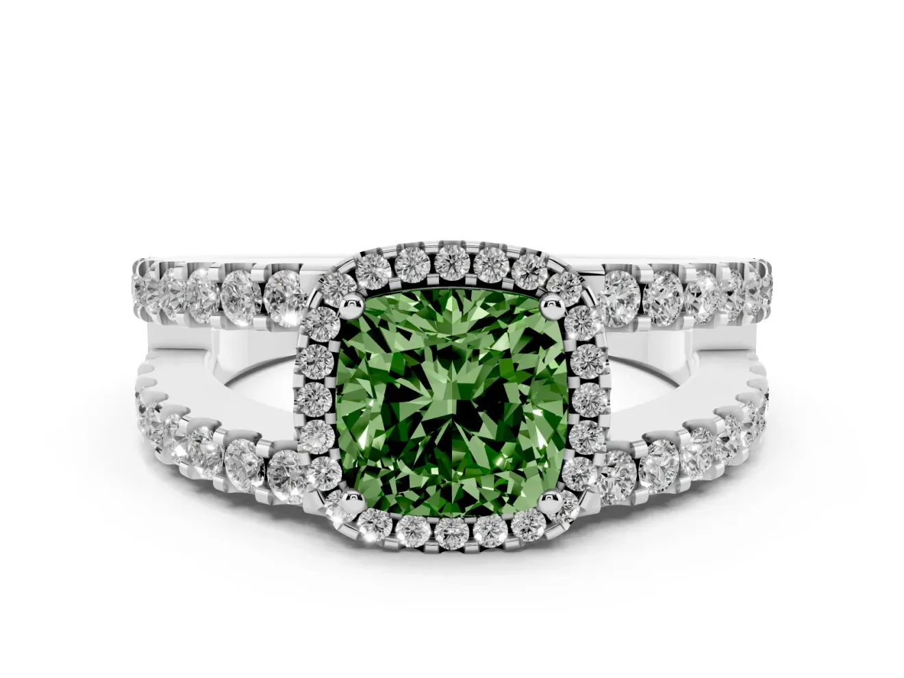Fancy Green Cushion Cut Diamond Halo Ring Set in Platinum with Pavé Split Shank and Prong Setting