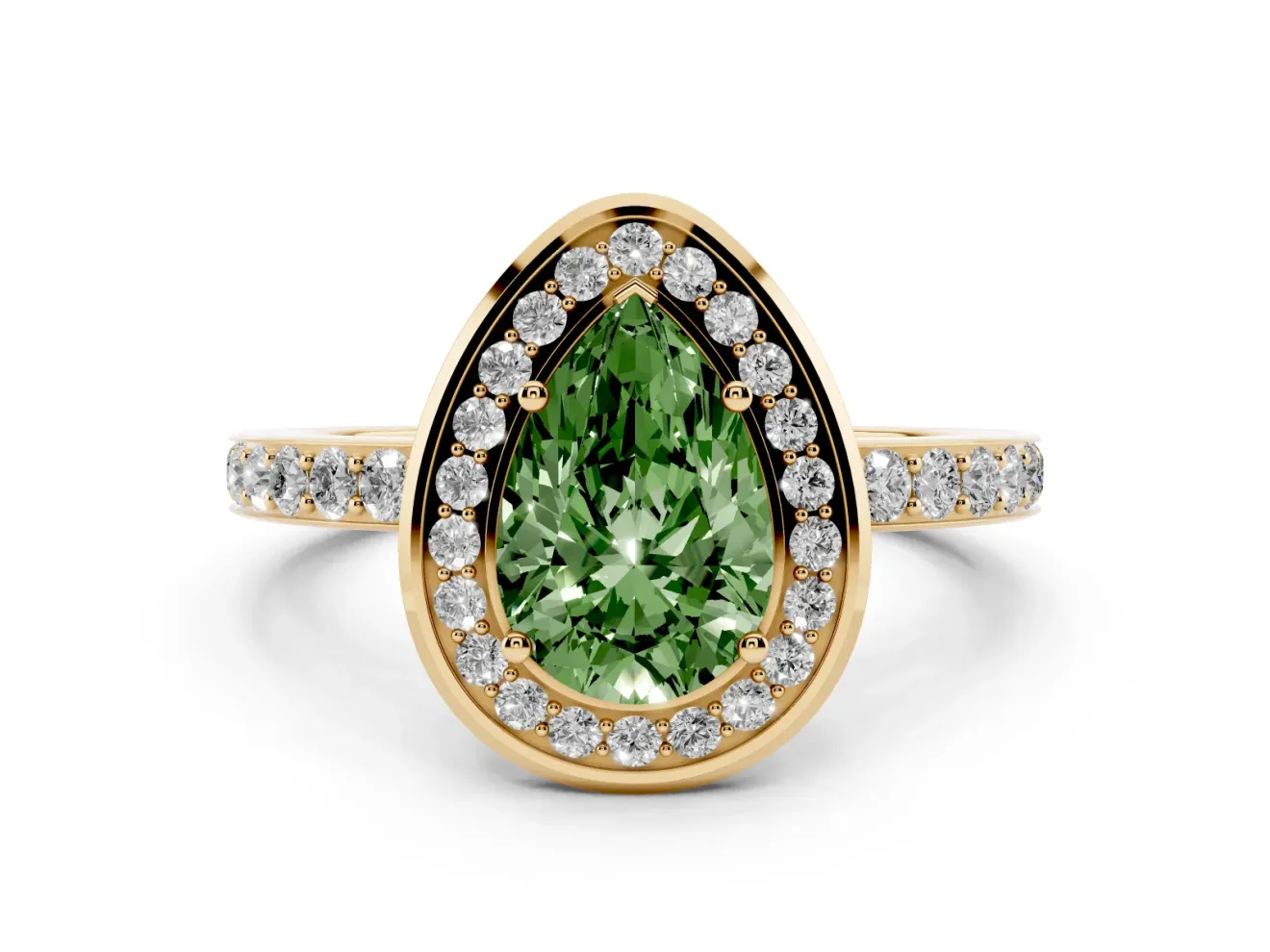 Fancy Green Pear Cut Diamond Halo Ring Set in Yellow gold with Bezel Frame and Pavé Band