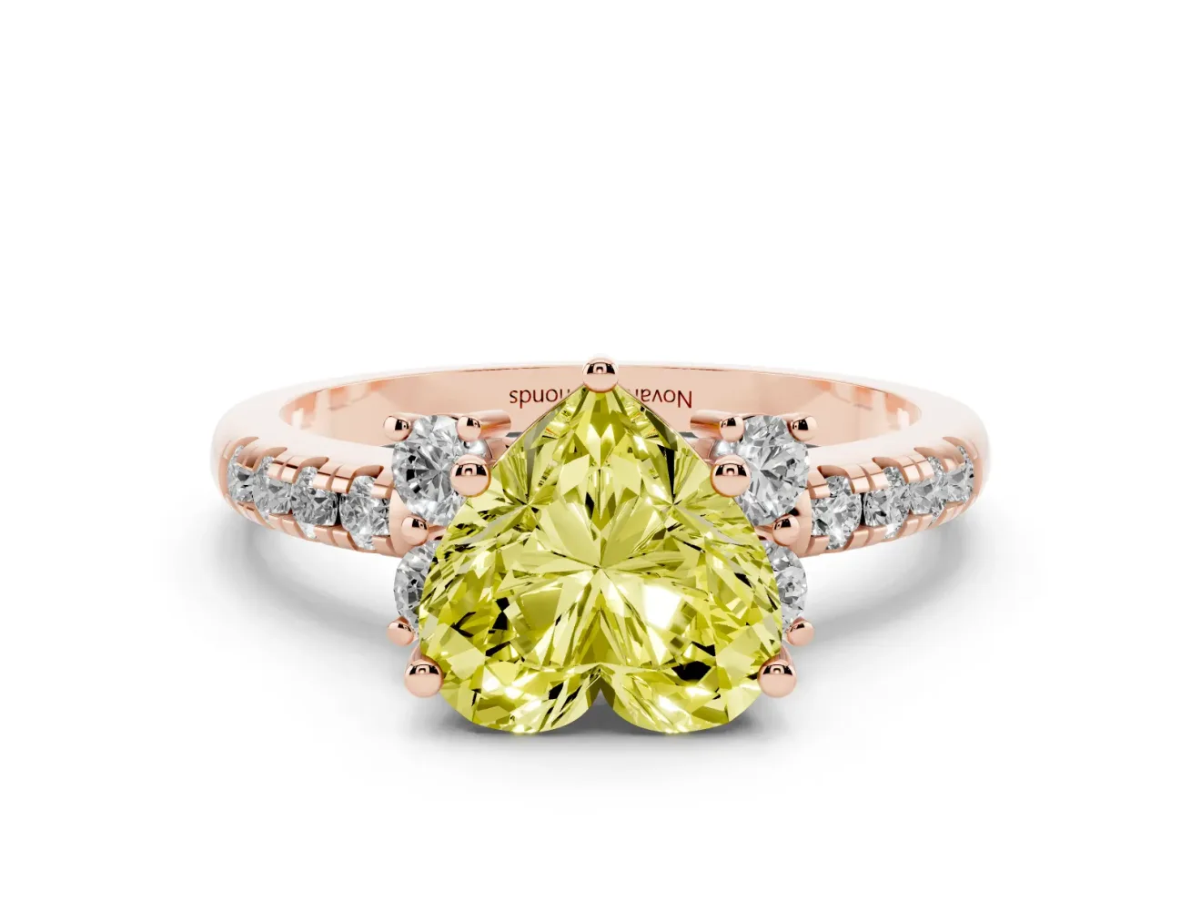 Heart-Shaped Side Stone Engagement Ring Setting for a Fancy Yellow Lab-Grown Diamond | Pave Band | Rose Gold