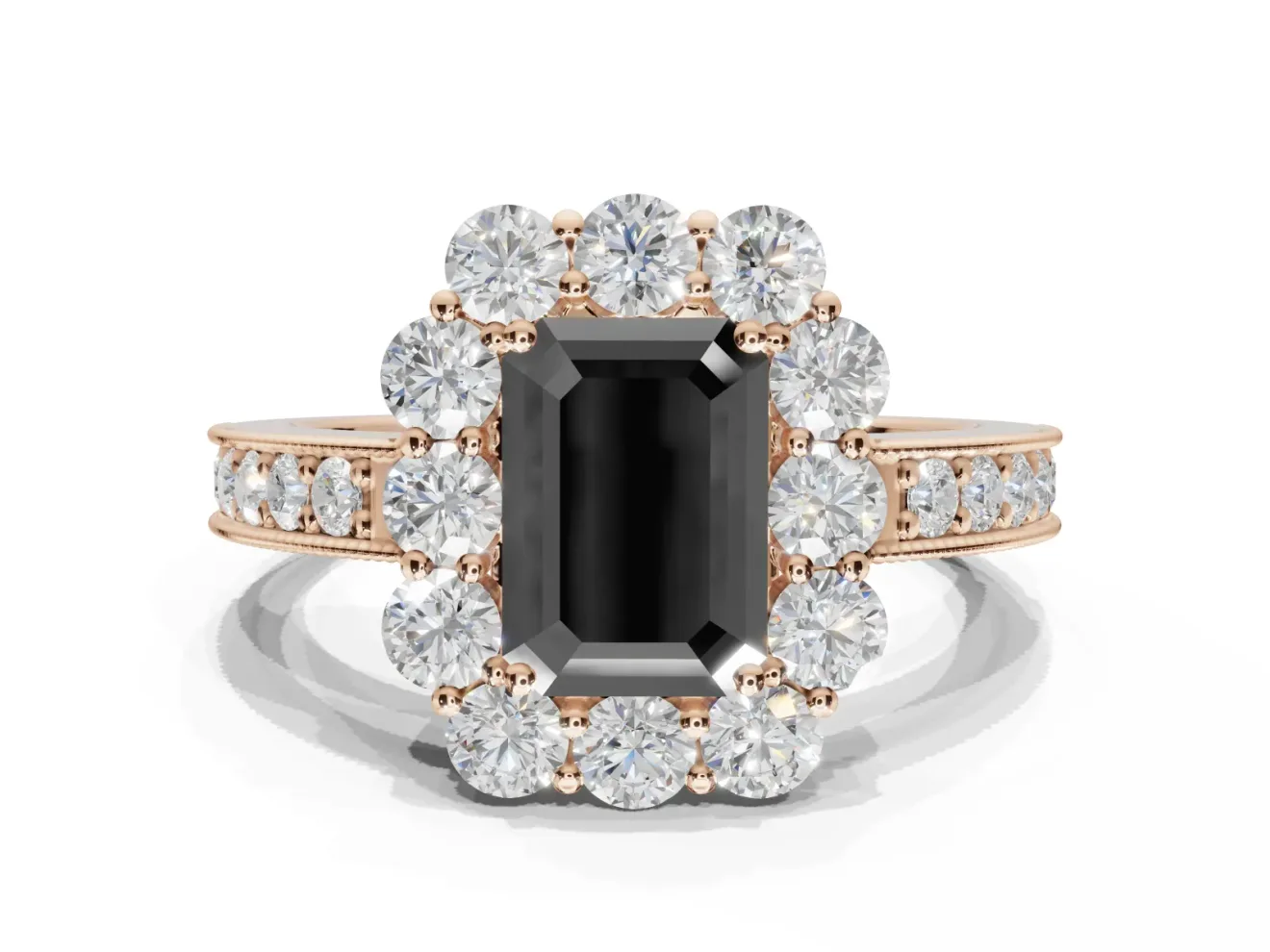 Fancy Black Emerald Cut Lab-Grown Diamond Halo Pavé Engagement Ring Set in Rose Gold with Milgrain Detailing