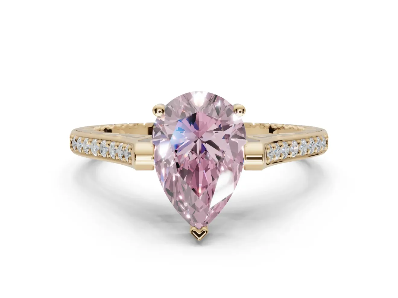 Pear-Shaped Vintage Cathedral Engagement Ring Setting for a Fancy Pink Lab-Grown Diamond | Carved Band | Yellow Gold