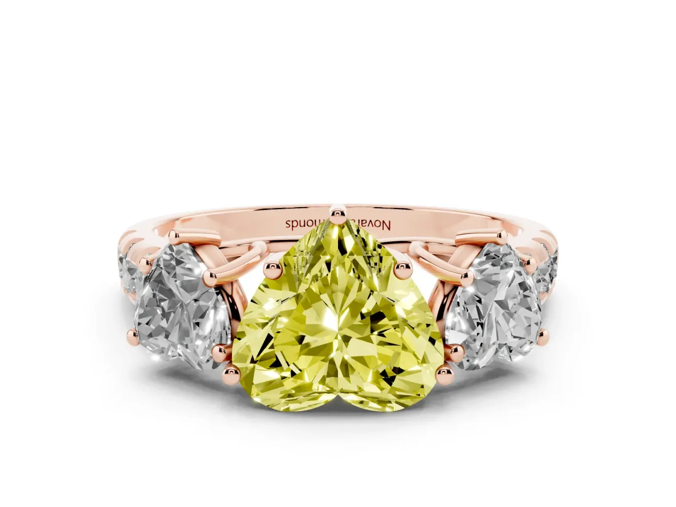 Fancy Yellow Heart Cut Diamond Three-Stone Ring Set in Rose gold with Pavé Band