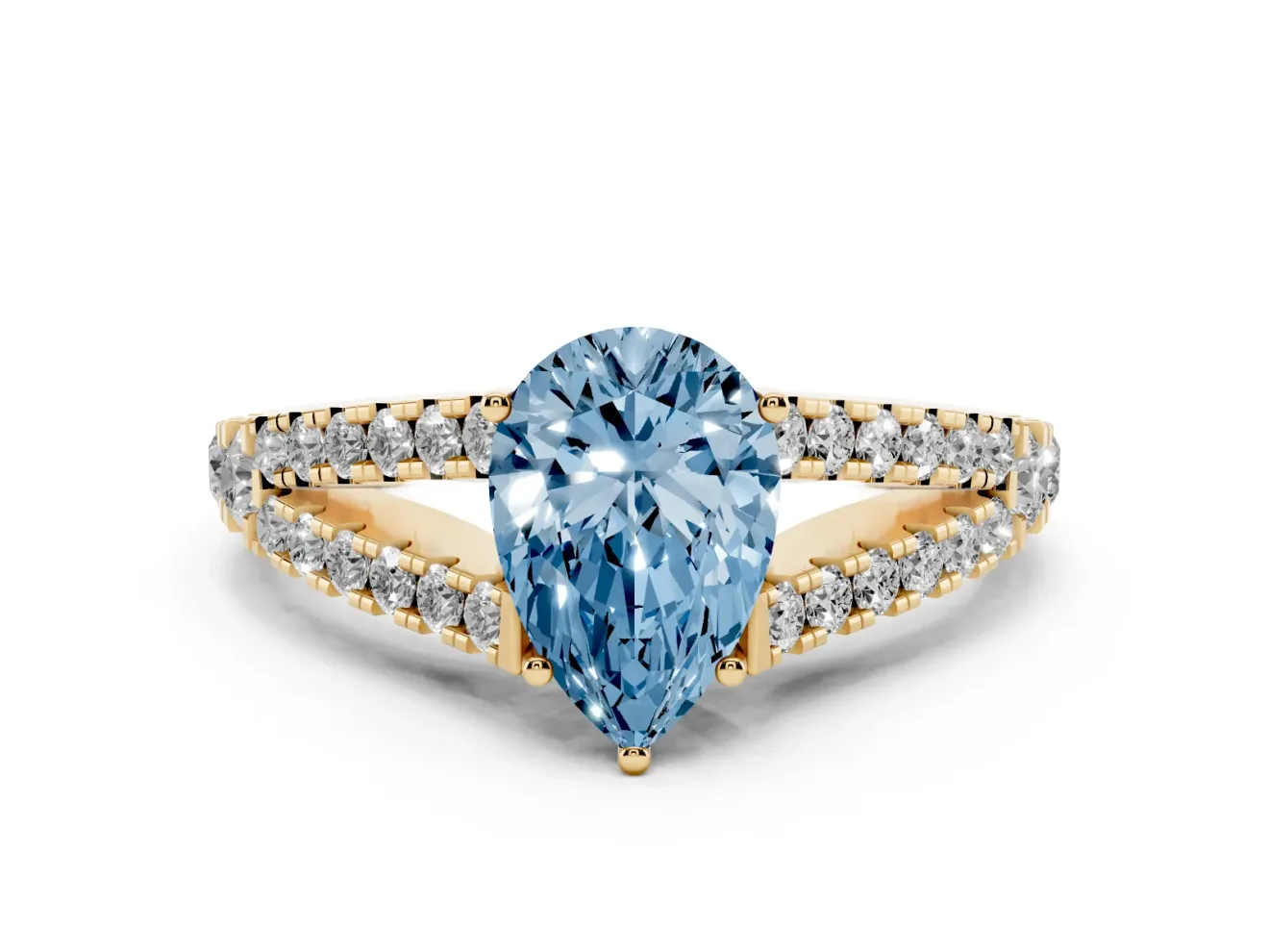 Pear-Shaped Graduated Split Shank Engagement Ring Setting for a Fancy Blue Lab-Grown Diamond | Yellow Gold