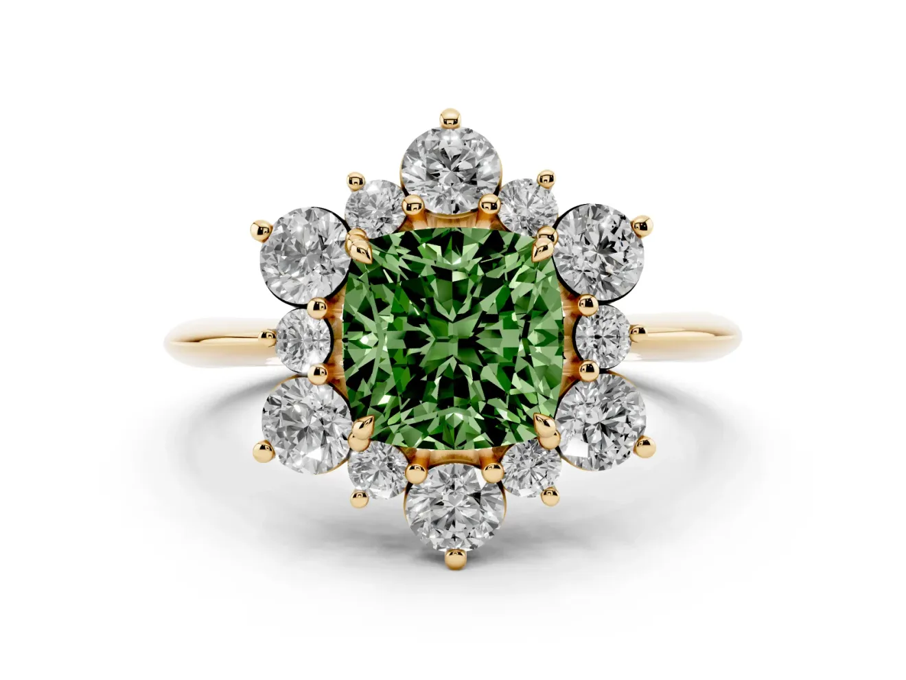 Cushion Cut Cluster Halo Engagement Ring Setting for a Fancy Green Lab-Grown Diamond | Yellow Gold