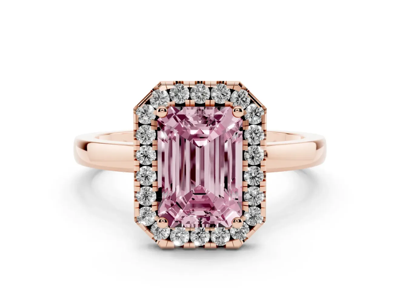 Fancy Pink Emerald Cut Diamond Halo Solitaire Ring Set in Rose gold with Pavé Band and Prong Setting