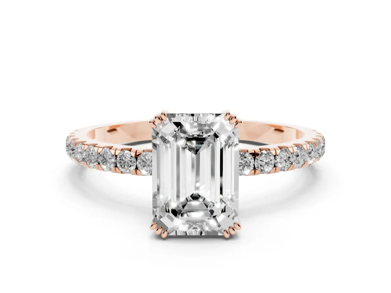 Emerald Cut Diamond Brilliant Solitaire Set in Rose gold with Pavé Band and Claw Prong Setting