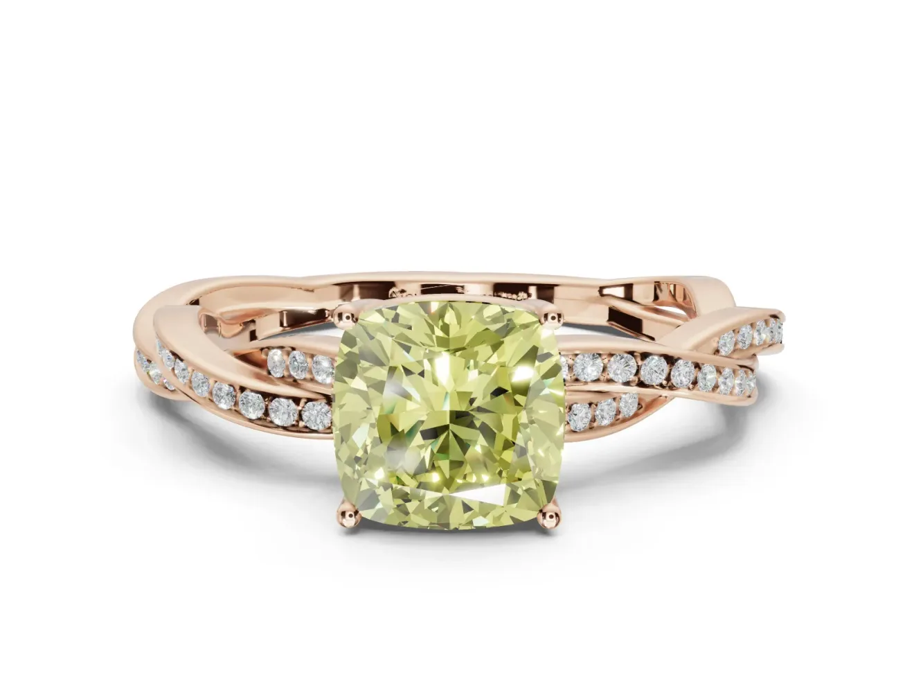 Cushion Cut Twisted Pavé Solitaire Engagement Ring Setting for a Fancy Yellow Lab-Grown Diamond | Rose Gold
