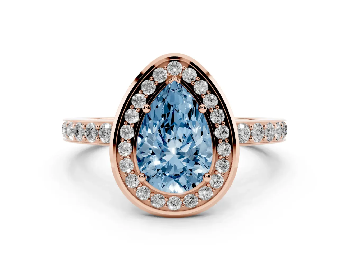 Fancy Blue Pear Cut Diamond Halo Ring Set in Rose gold with Bezel Frame and Pavé Band