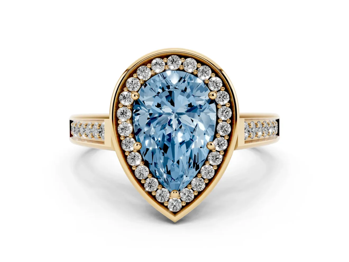 Pear-Shaped Rimmed Halo Engagement Ring Setting for a Fancy Blue Lab-Grown Diamond | Yellow Gold