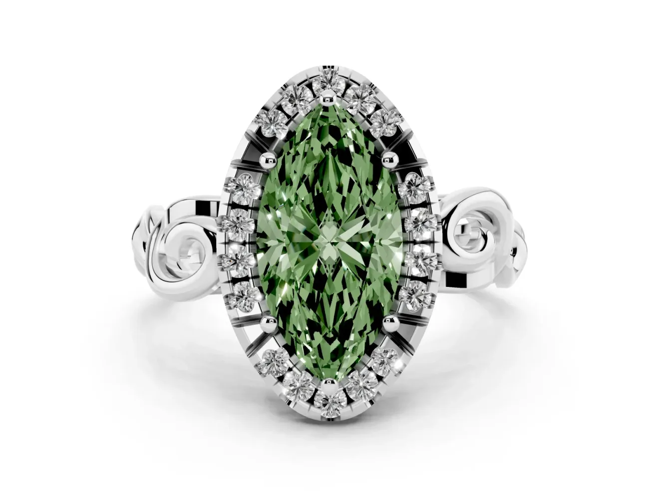 Fancy Green Marquise Cut Diamond Halo Ring Set in White gold with Scrollwork Band and Prong Setting