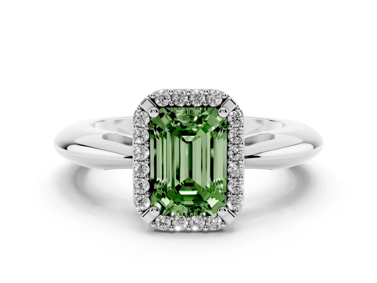 Fancy Green Emerald Cut Diamond Halo Engagement Ring Set in White gold with Plain Split Shank and Prong Setting