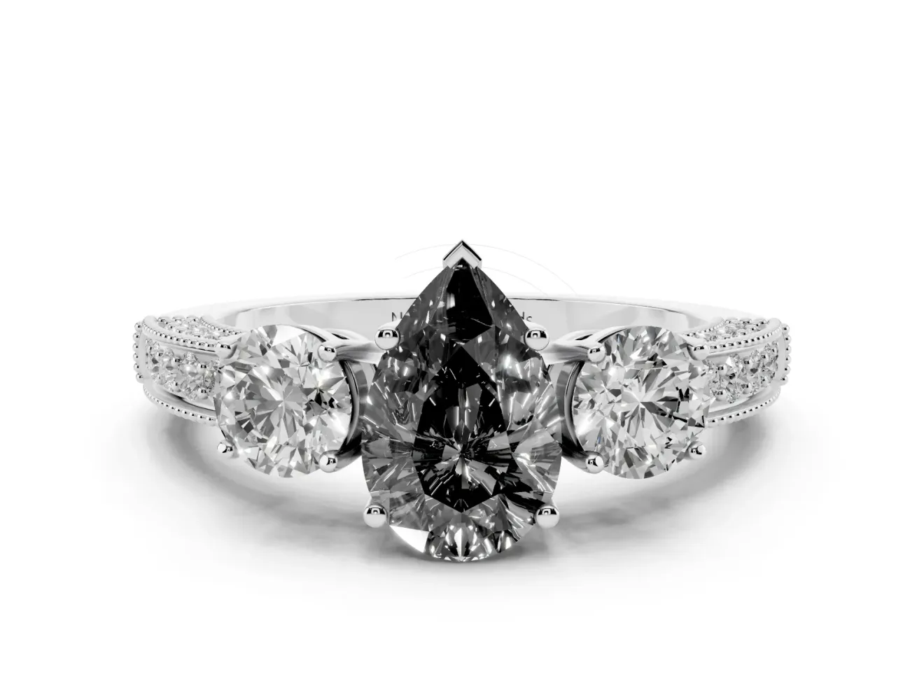 Pear-Shaped Three Stone Engagement Ring Setting for a Black Center | Graduated Pavé Band | Platinum