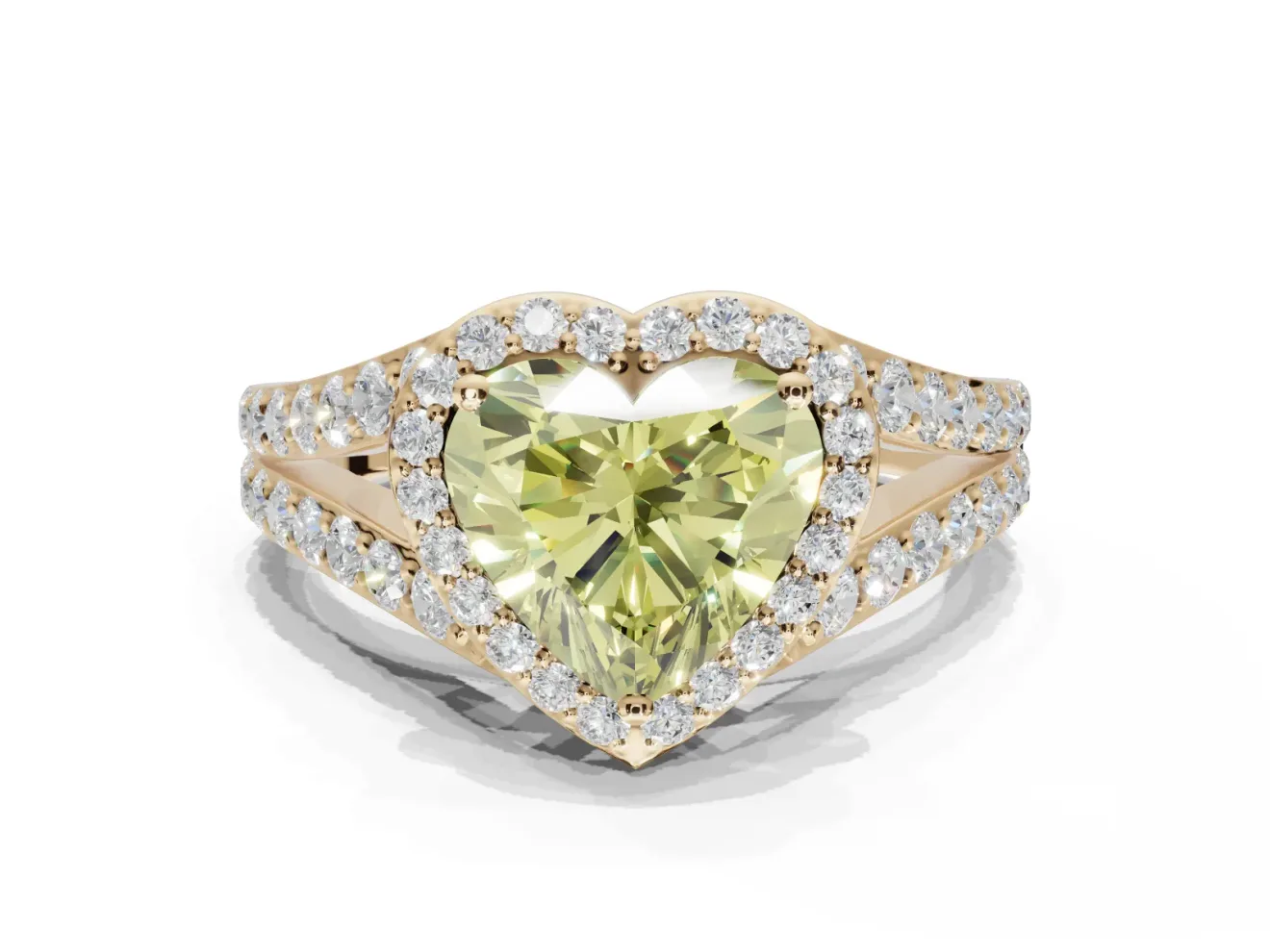 Heart-Shaped Halo Pavé Engagement Ring Setting for a Fancy Yellow Lab-Grown Diamond | Narrow Split Shank | Yellow Gold