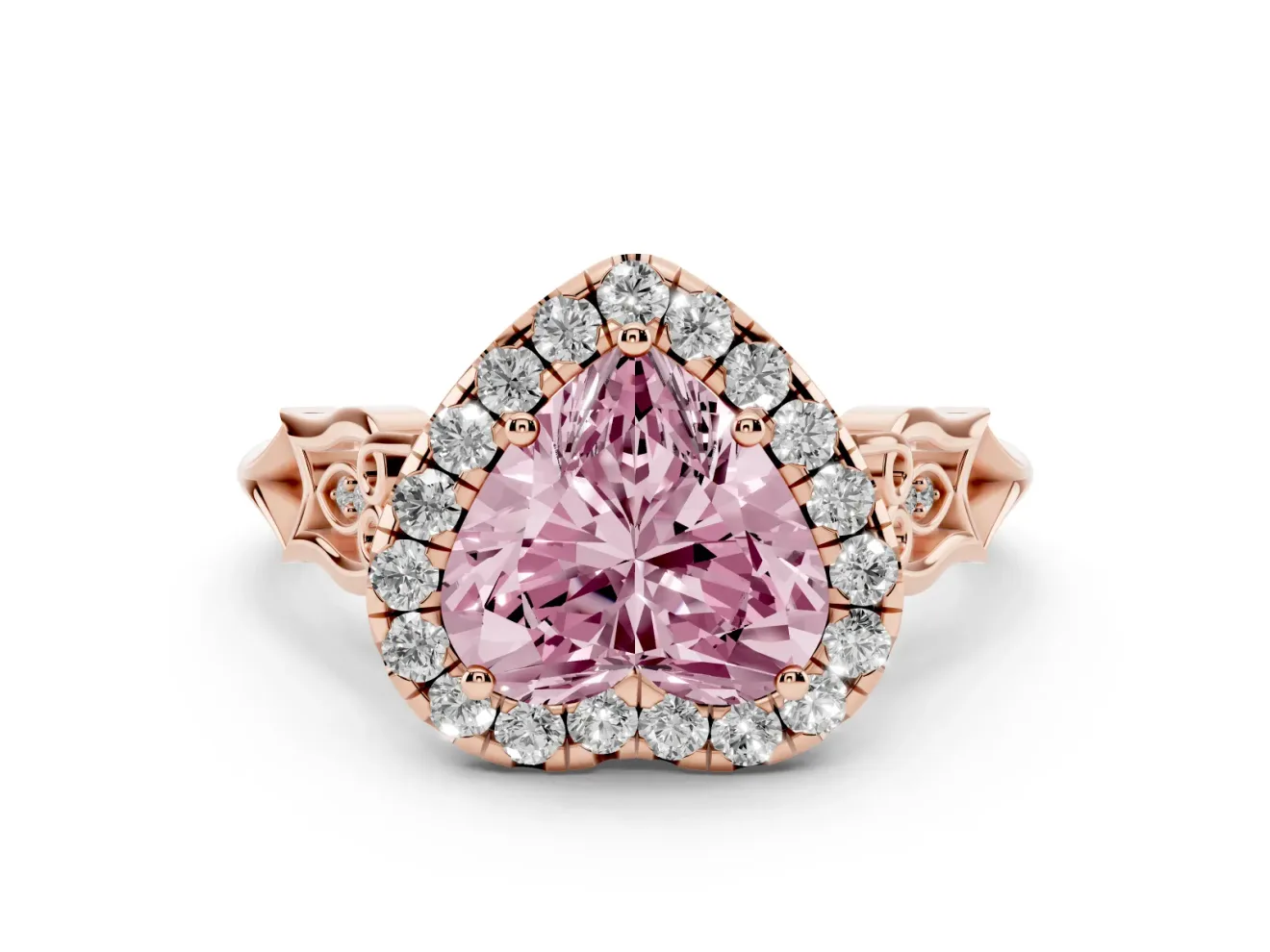 Fancy Pink Heart Cut Diamond Halo Engagement Ring Set in Rose gold with Filigree Band and Prong-Set Center